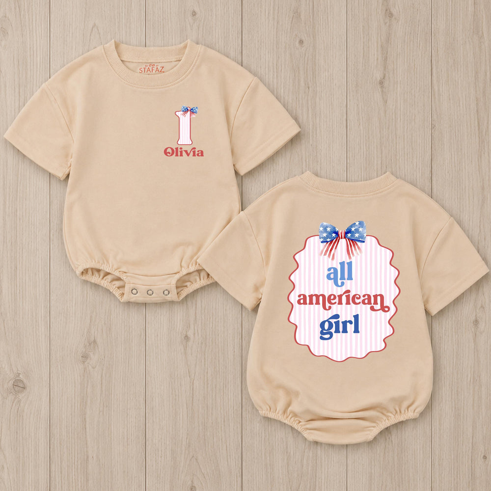Personalized First Birthday Outfit for Baby Girls with Patriotic Bow and All American Girl Design, Custom Name USA Romper Gift