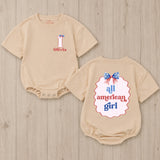 Personalized First Birthday Outfit for Baby Girls with Patriotic Bow and All American Girl Design, Custom Name USA Romper Gift