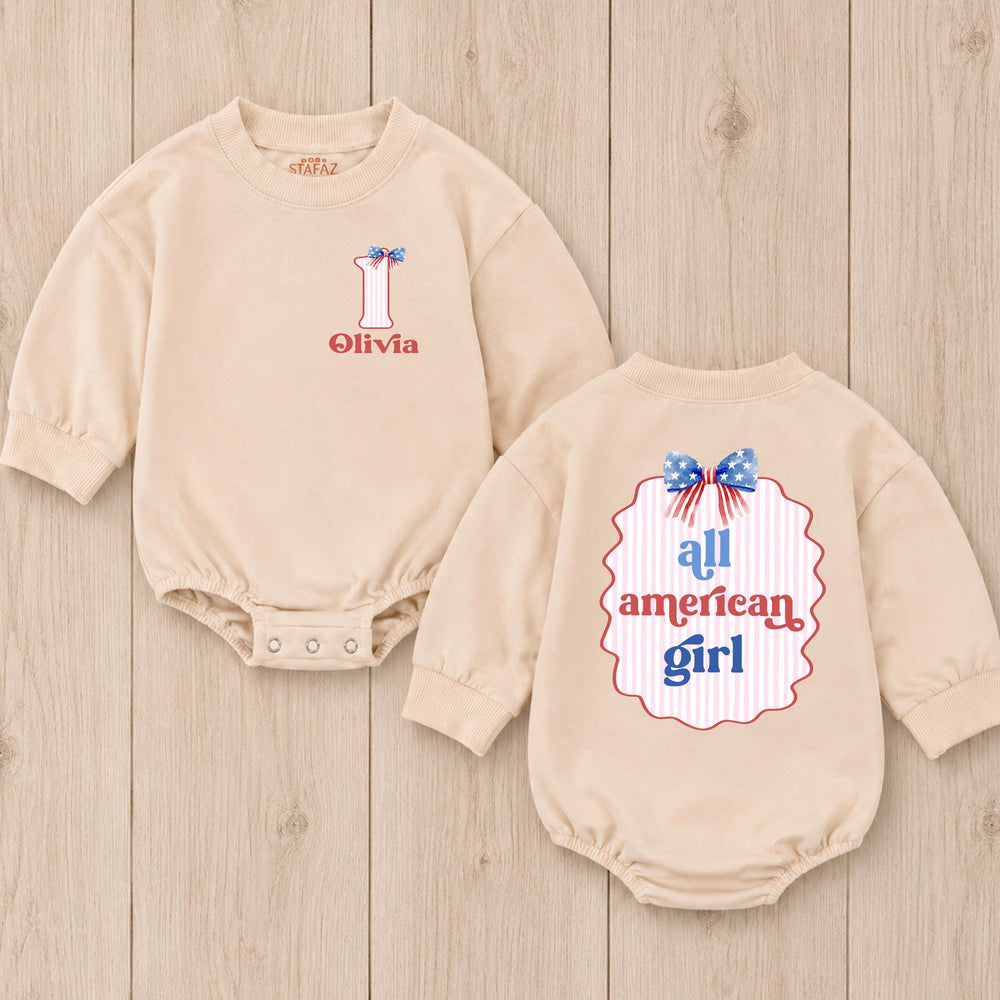 Personalized First Birthday Outfit for Baby Girls with Patriotic Bow and All American Girl Design, Custom Name USA Romper Gift