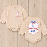 Personalized First Birthday Outfit for Baby Girls with Patriotic Bow and All American Girl Design, Custom Name USA Romper Gift