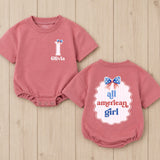 Personalized First Birthday Outfit for Baby Girls with Patriotic Bow and All American Girl Design, Custom Name USA Romper Gift