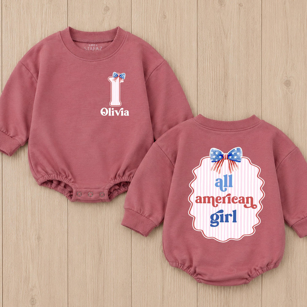 Personalized First Birthday Outfit for Baby Girls with Patriotic Bow and All American Girl Design, Custom Name USA Romper Gift