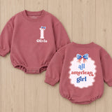 Personalized First Birthday Outfit for Baby Girls with Patriotic Bow and All American Girl Design, Custom Name USA Romper Gift
