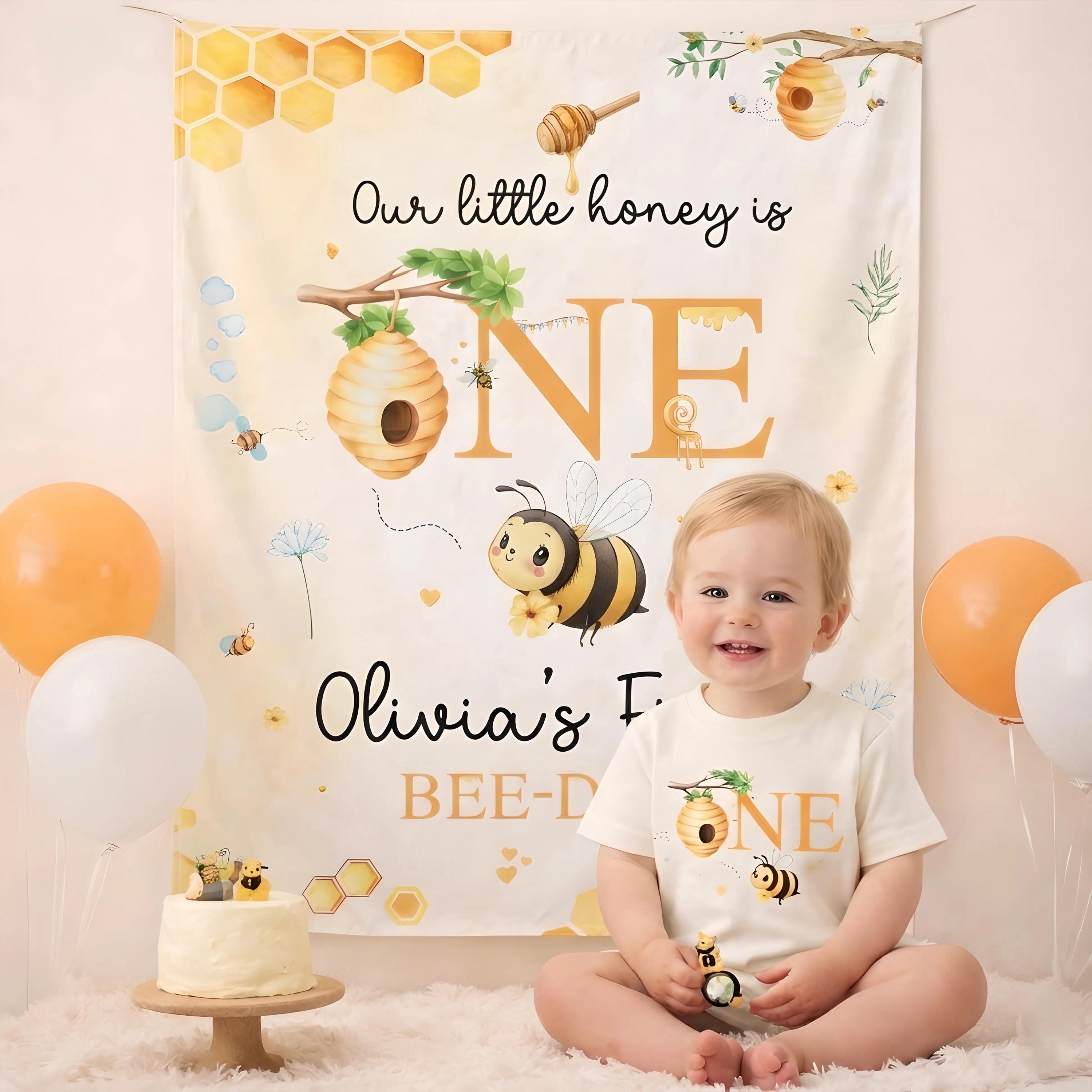 Personalized First Birthday Outfit with Bee Design, One Romper and Silk Banner Baby Party Clothes, Bumblebee Themed Gift for Toddler