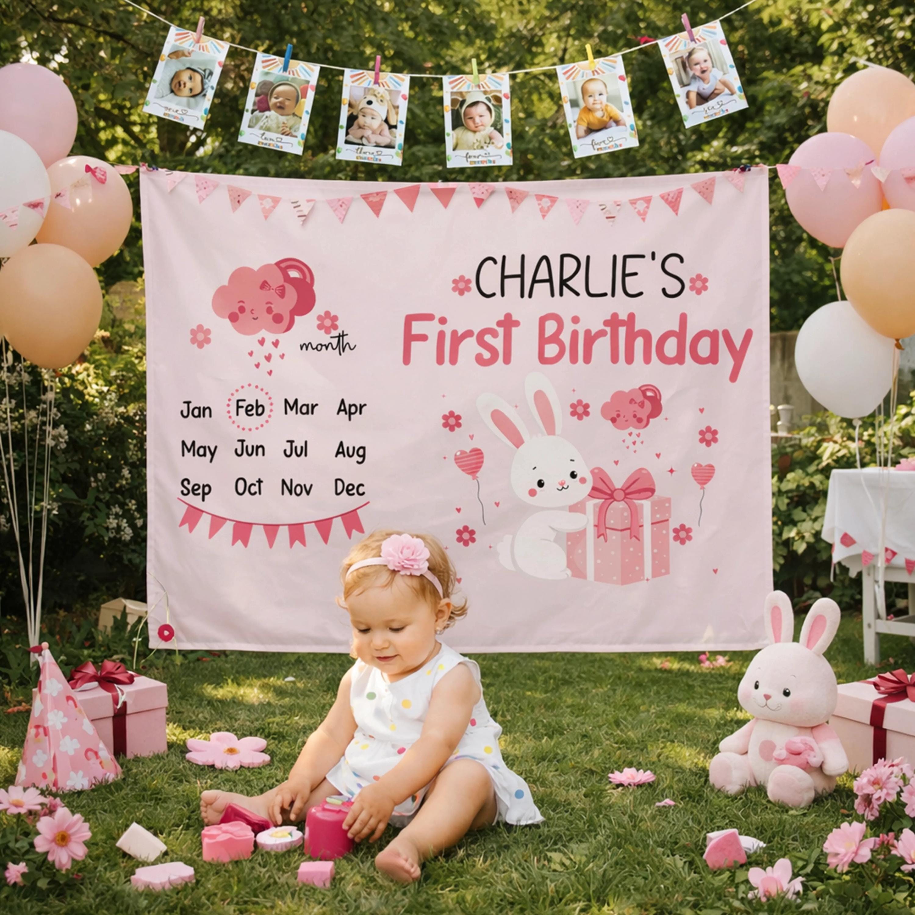 Personalized First Birthday Pink Bunny Banner with Custom Name and Date Sweet Baby Girl Party Decor Photo Backdrop Pastel Floral Design