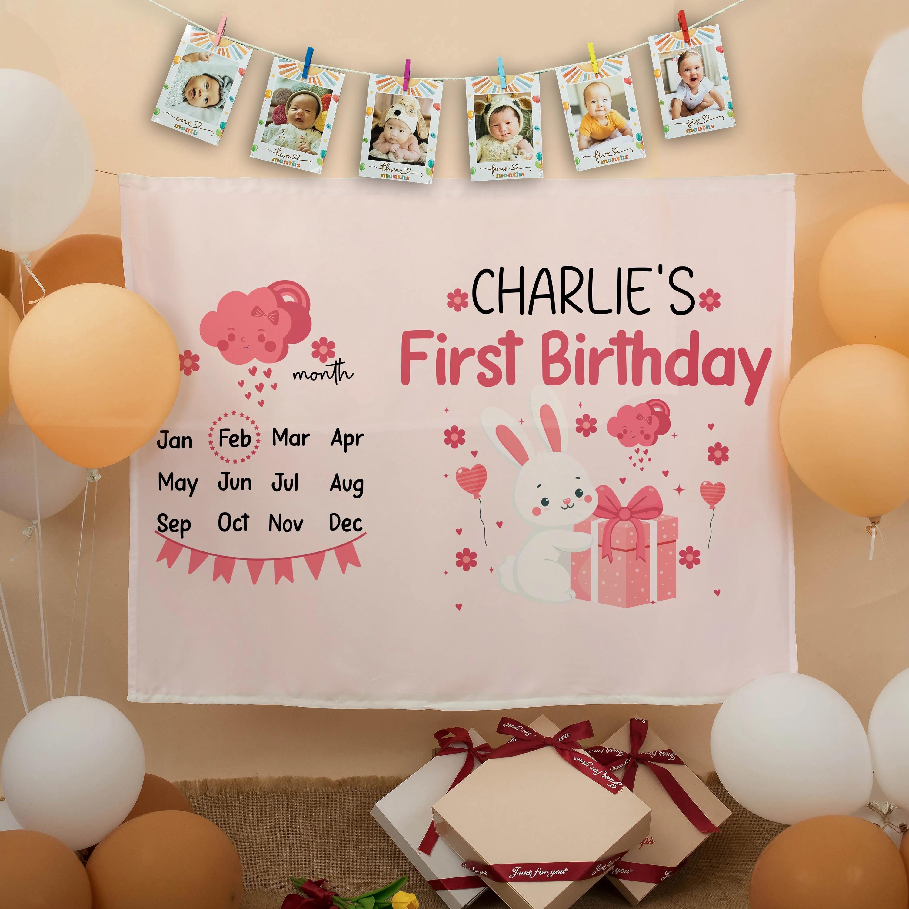 Personalized First Birthday Pink Bunny Banner with Custom Name and Date Sweet Baby Girl Party Decor Photo Backdrop Pastel Floral Design