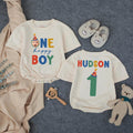 Personalized First Birthday Romper for Baby Boy with Name and Age, Bold Multicolored Font and Star Hat Design, Soft Cotton Party Outfit