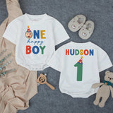 Personalized First Birthday Romper for Baby Boy with Name and Age, Bold Multicolored Font and Star Hat Design, Soft Cotton Party Outfit