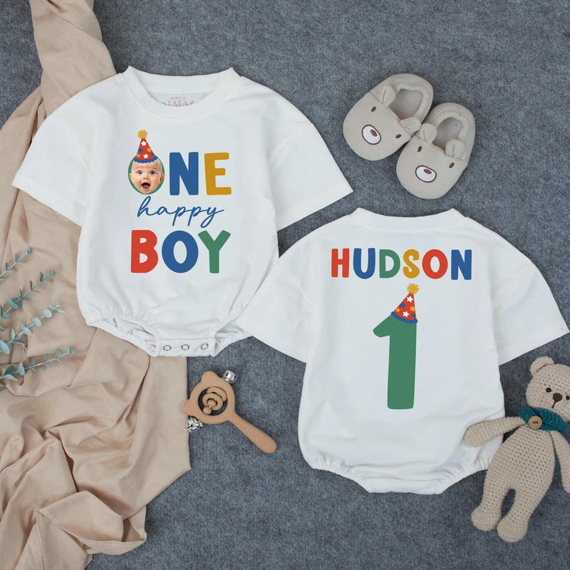 Personalized First Birthday Romper for Baby Boy with Name and Age, Bold Multicolored Font and Star Hat Design, Soft Cotton Party Outfit