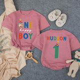 Personalized First Birthday Romper for Baby Boy with Name and Age, Bold Multicolored Font and Star Hat Design, Soft Cotton Party Outfit