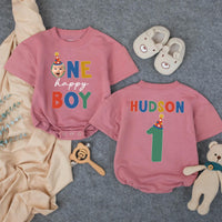 Personalized First Birthday Romper for Baby Boy with Name and Age, Bold Multicolored Font and Star Hat Design, Soft Cotton Party Outfit