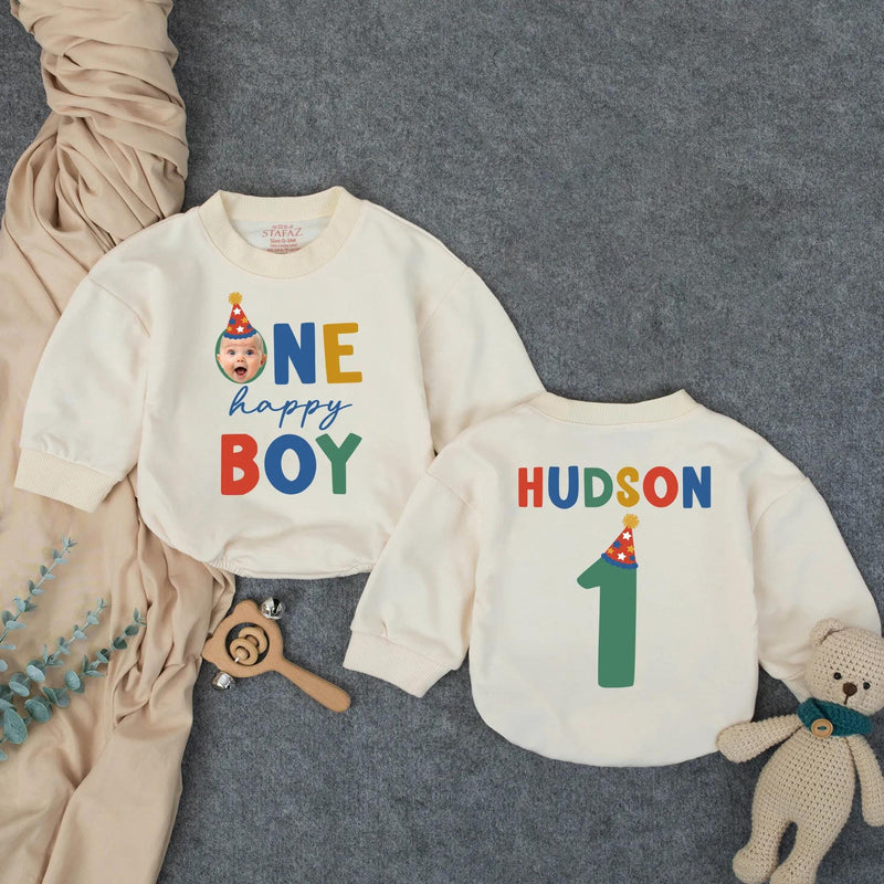 Personalized First Birthday Romper for Baby Boy with Name and Age, Bold Multicolored Font and Star Hat Design, Soft Cotton Party Outfit