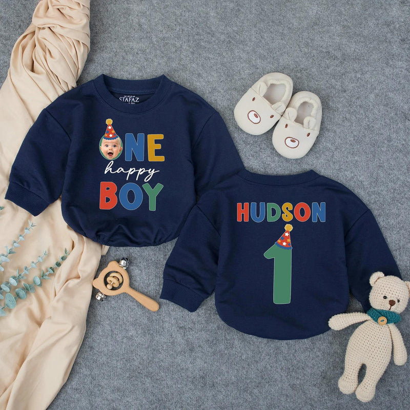 Personalized First Birthday Romper for Baby Boy with Name and Age, Bold Multicolored Font and Star Hat Design, Soft Cotton Party Outfit