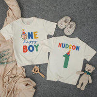 Personalized First Birthday Romper for Baby Boy with Name and Age, Bold Multicolored Font and Star Hat Design, Soft Cotton Party Outfit