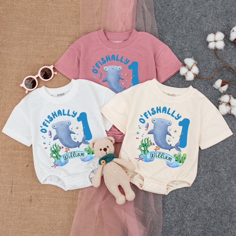 Personalized First Birthday Romper with Cartoon Manatee Ocean Party Outfit for Baby Boy Underwater Theme Soft Cotton Custom Name William