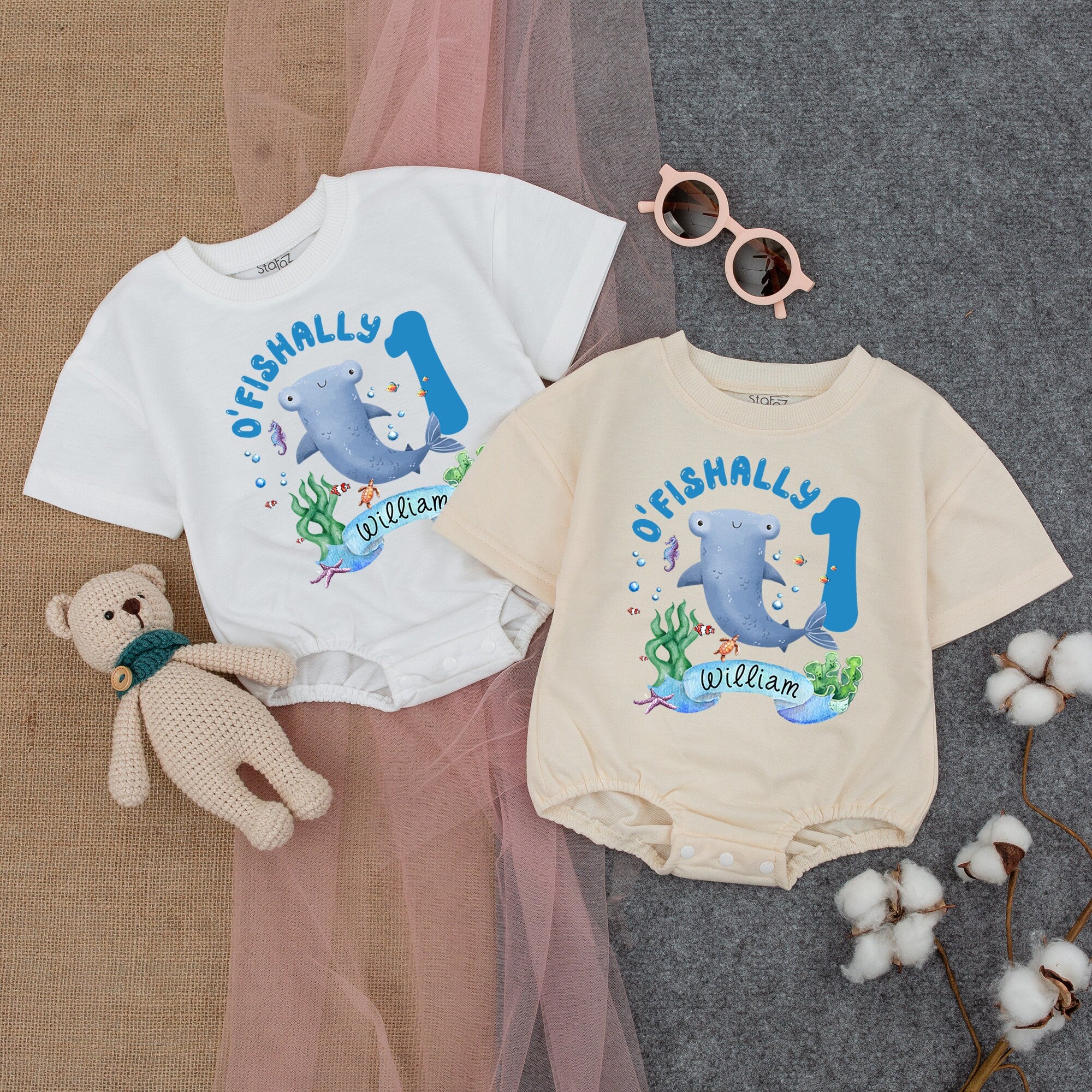 Personalized First Birthday Romper with Cartoon Manatee Ocean Party Outfit for Baby Boy Underwater Theme Soft Cotton Custom Name William