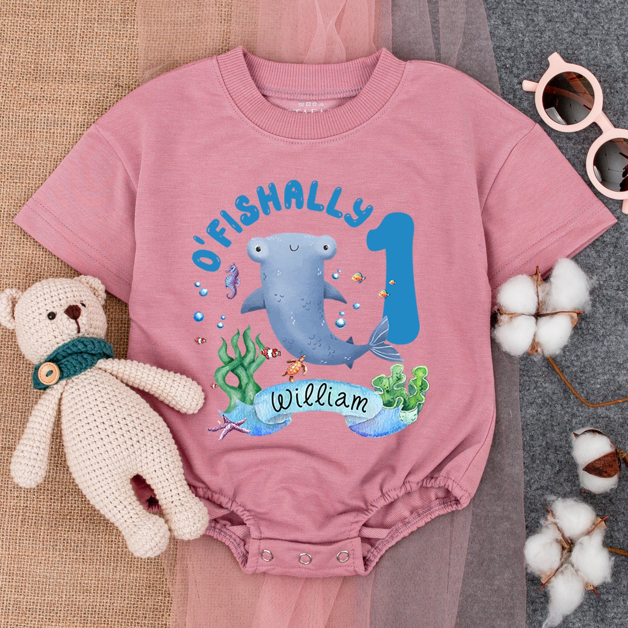Personalized First Birthday Romper with Cartoon Manatee Ocean Party Outfit for Baby Boy Underwater Theme Soft Cotton Custom Name William