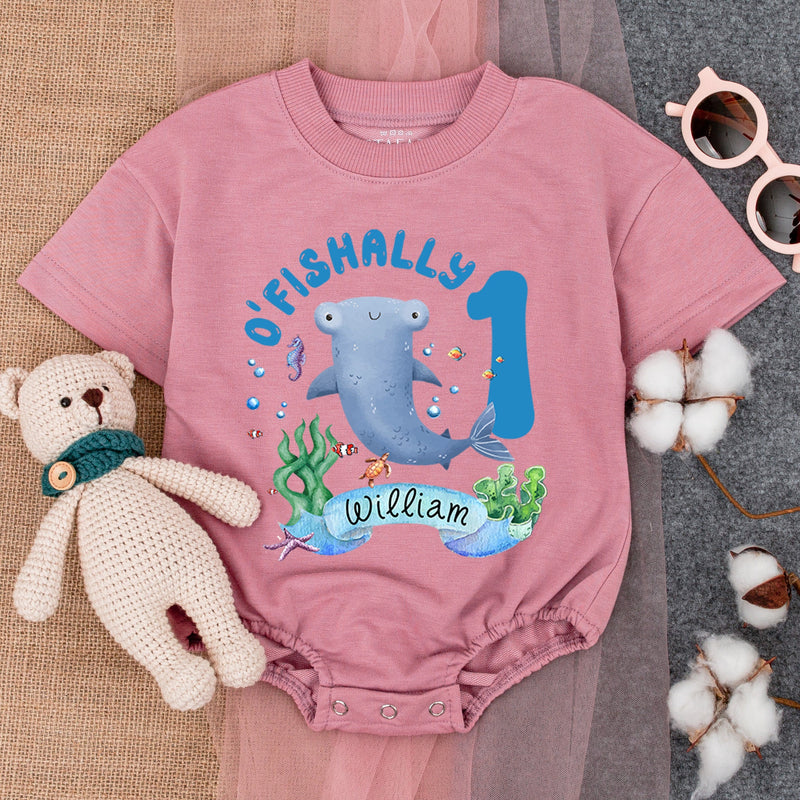 Personalized First Birthday Romper with Cartoon Manatee Ocean Party Outfit for Baby Boy Underwater Theme Soft Cotton Custom Name William