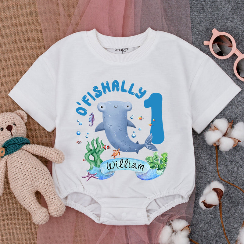 Personalized First Birthday Romper with Cartoon Manatee Ocean Party Outfit for Baby Boy Underwater Theme Soft Cotton Custom Name William