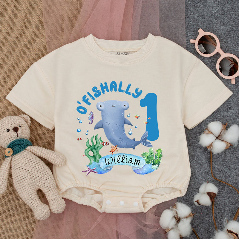 Personalized First Birthday Romper with Cartoon Manatee Ocean Party Outfit for Baby Boy Underwater Theme Soft Cotton Custom Name William