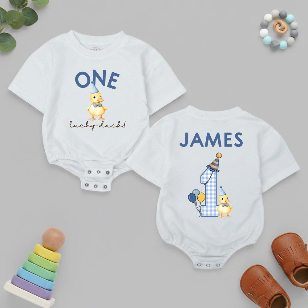 Personalized First Birthday Romper with Yellow Duckling Design, Infant Toddler Boy Party Outfit Custom Name Cotton Comfortable Gift