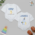Personalized First Birthday Romper with Yellow Duckling Design, Infant Toddler Boy Party Outfit Custom Name Cotton Comfortable Gift