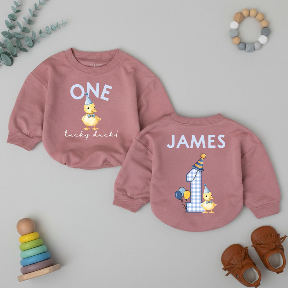 Personalized First Birthday Romper with Yellow Duckling Design, Infant Toddler Boy Party Outfit Custom Name Cotton Comfortable Gift
