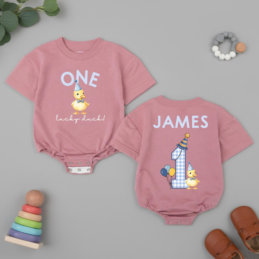 Personalized First Birthday Romper with Yellow Duckling Design, Infant Toddler Boy Party Outfit Custom Name Cotton Comfortable Gift