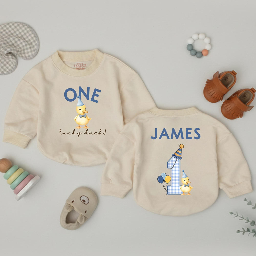 Personalized First Birthday Romper with Yellow Duckling Design, Infant Toddler Boy Party Outfit Custom Name Cotton Comfortable Gift