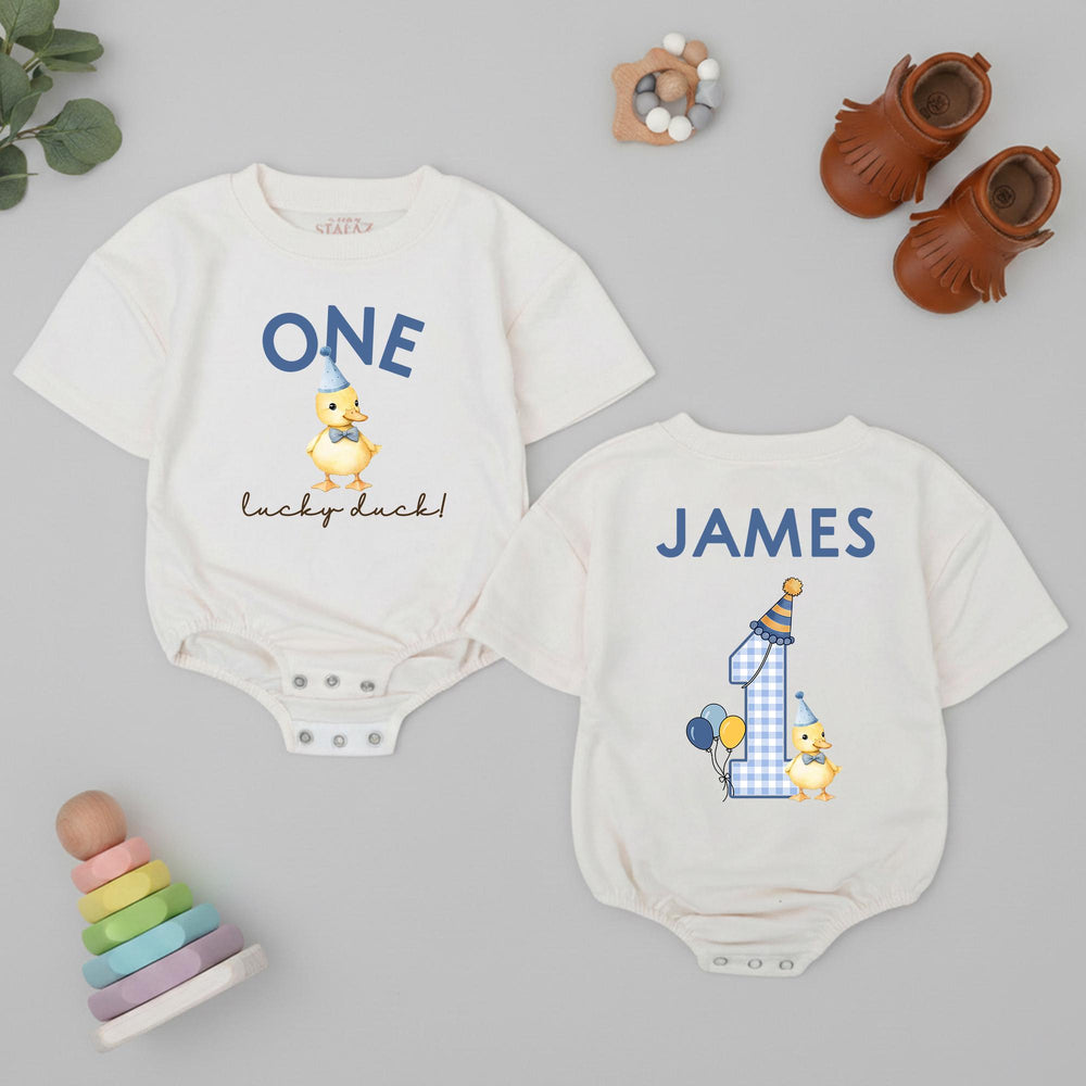 Personalized First Birthday Romper with Yellow Duckling Design, Infant Toddler Boy Party Outfit Custom Name Cotton Comfortable Gift