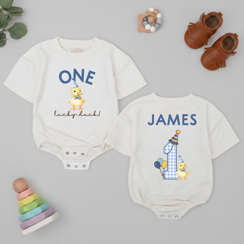 Personalized First Birthday Romper with Yellow Duckling Design, Infant Toddler Boy Party Outfit Custom Name Cotton Comfortable Gift