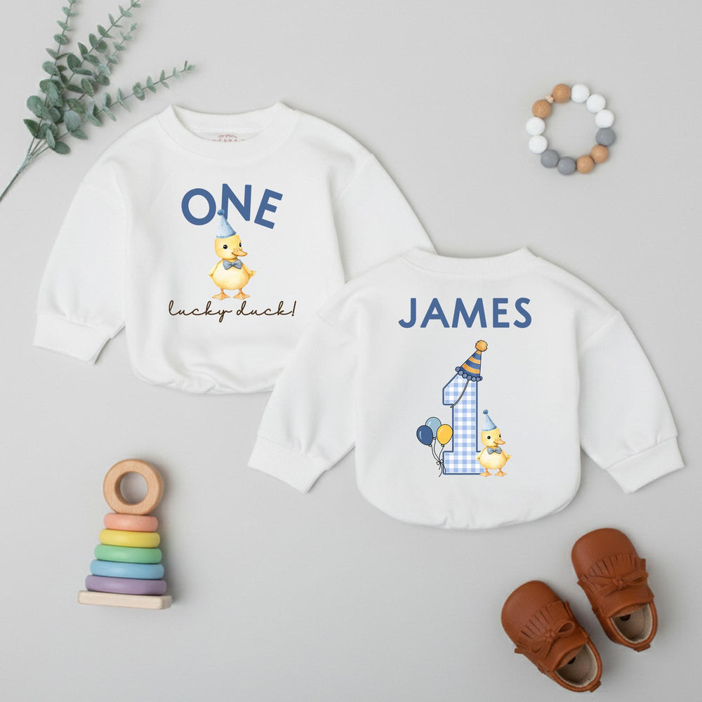 Personalized First Birthday Romper with Yellow Duckling Design, Infant Toddler Boy Party Outfit Custom Name Cotton Comfortable Gift