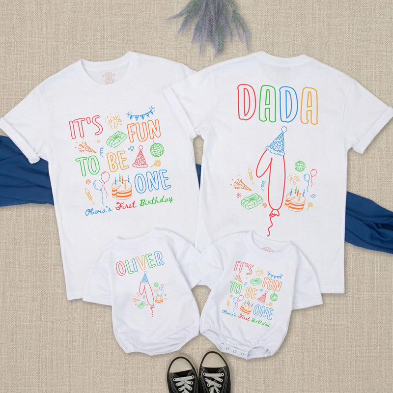 Personalized First Birthday Shirts for Family, Fun It's Fun to Be One Party Tees with Name, Toddler Boy Girl Outfit, Colorful Design
