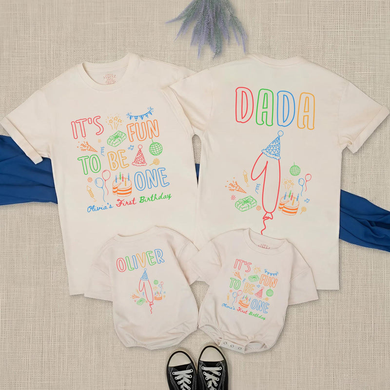 Personalized First Birthday Shirts for Family, Fun It's Fun to Be One Party Tees with Name, Toddler Boy Girl Outfit, Colorful Design