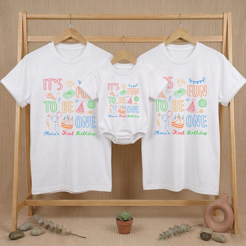 Personalized First Birthday Shirts for Family, Fun It's Fun to Be One Party Tees with Name, Toddler Boy Girl Outfit, Colorful Design