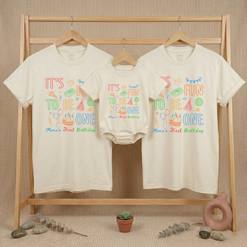 Personalized First Birthday Shirts for Family, Fun It's Fun to Be One Party Tees with Name, Toddler Boy Girl Outfit, Colorful Design