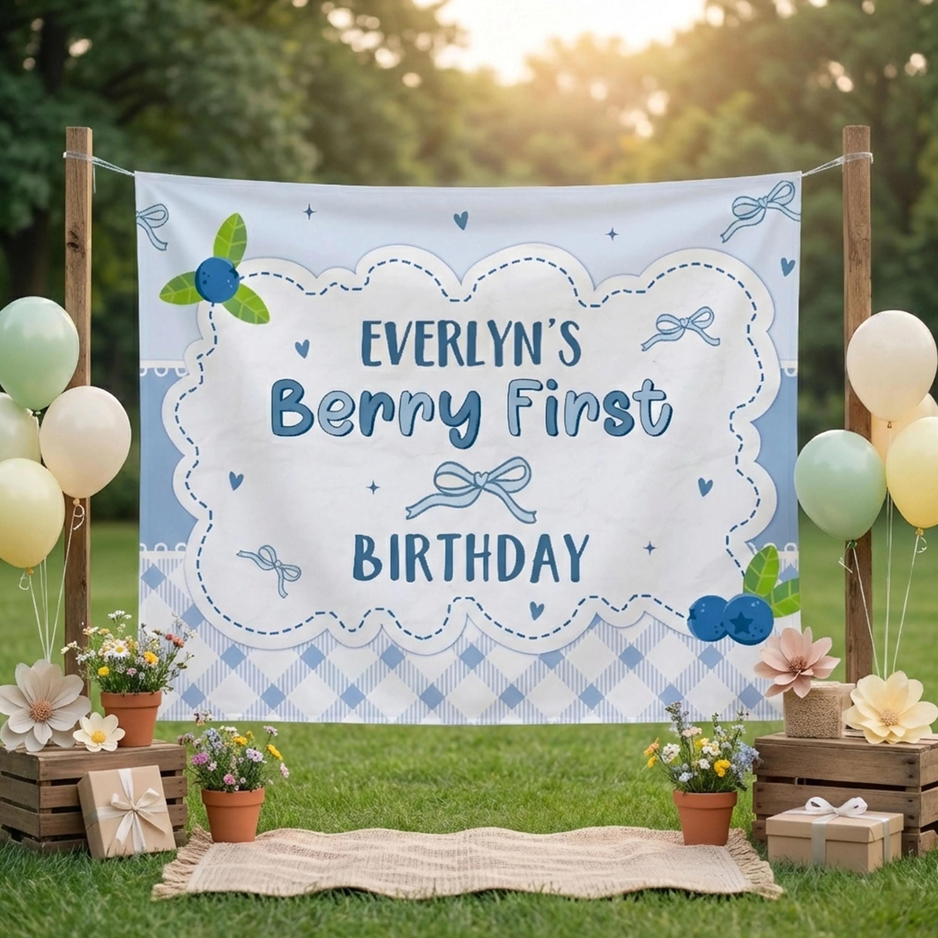 Personalized First Birthday Silk Banner with Name Blueberry Party Theme Whimsical Cloud Design Birthday Girl Backdrop Decoration