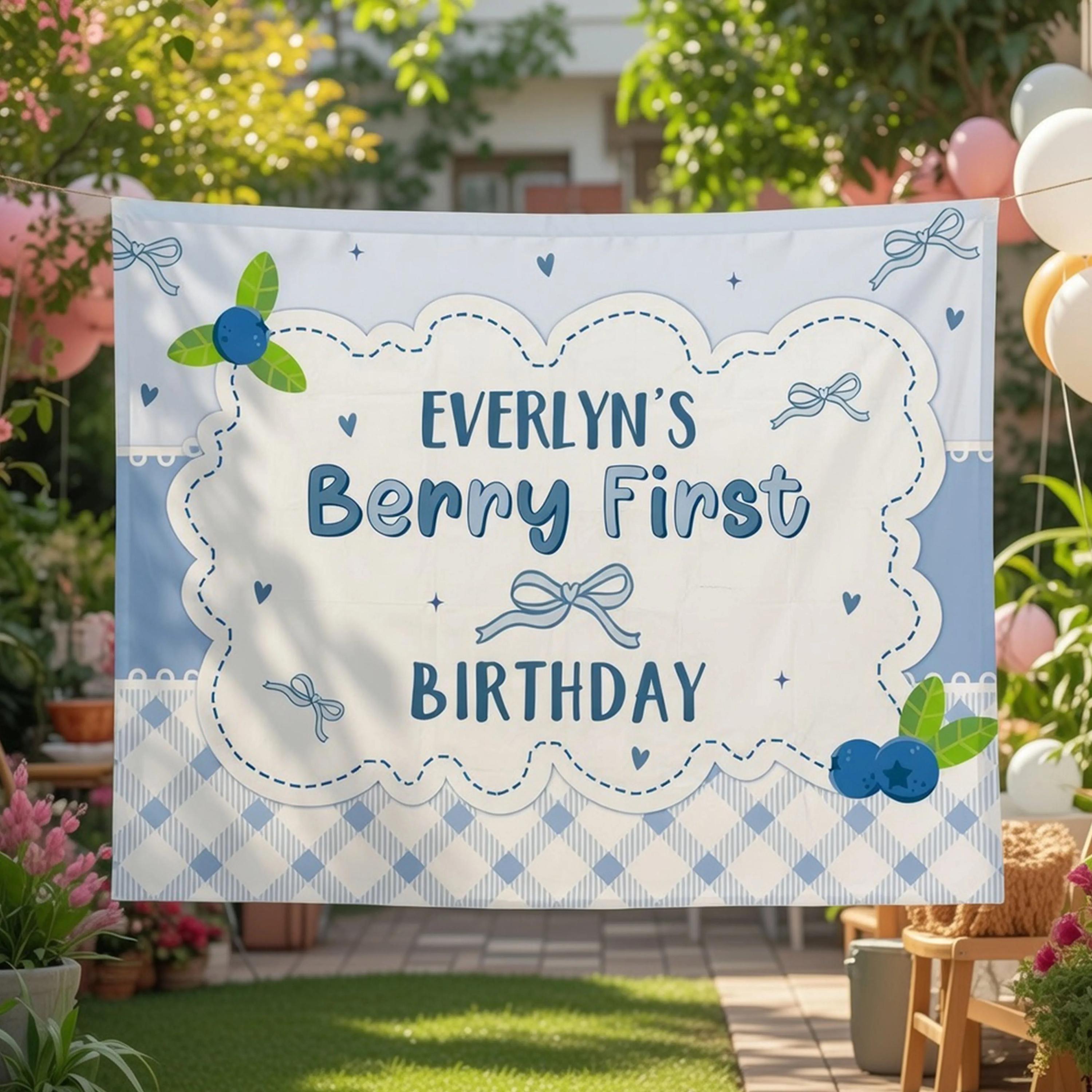 Personalized First Birthday Silk Banner with Name Blueberry Party Theme Whimsical Cloud Design Birthday Girl Backdrop Decoration