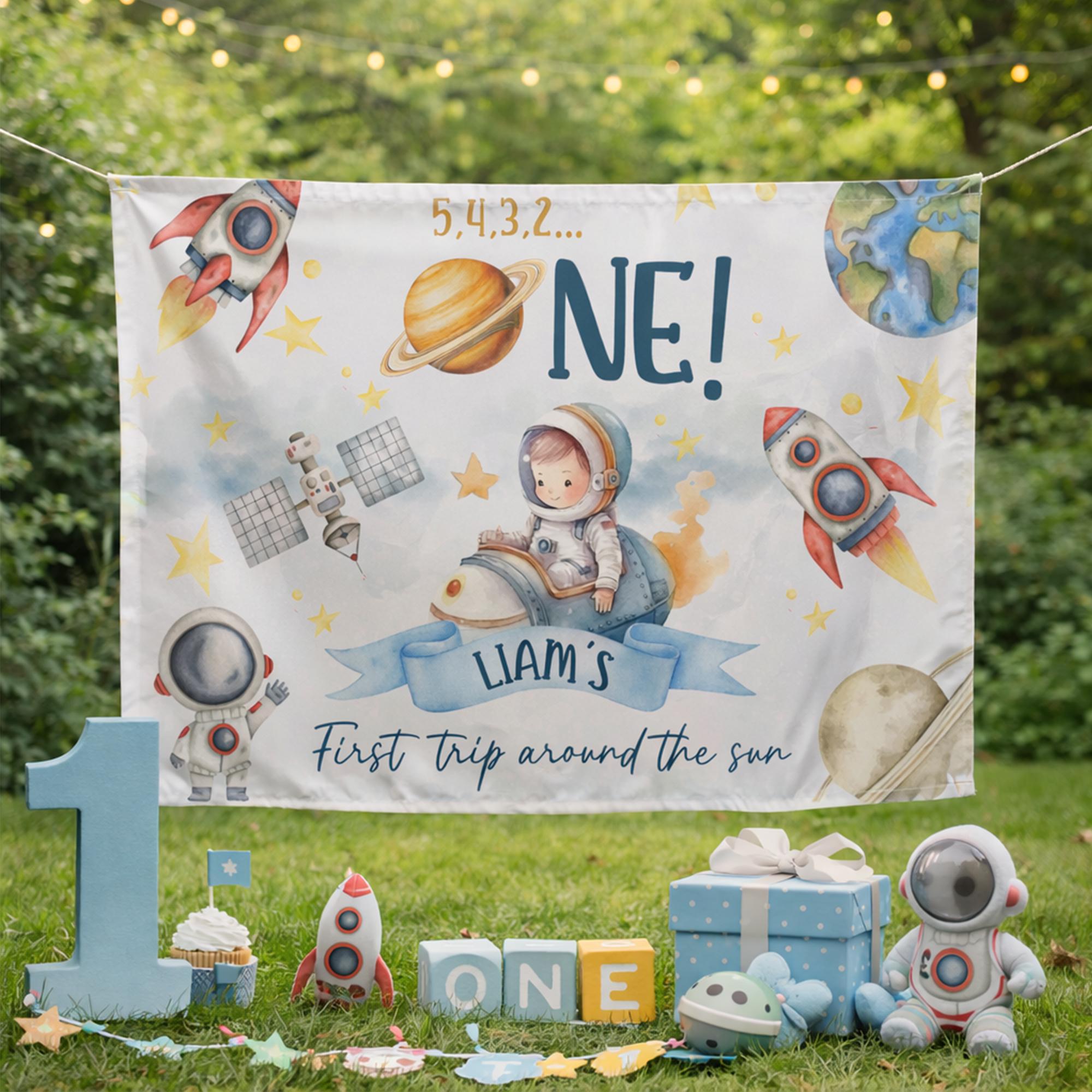 Personalized First Birthday Space Theme Romper and Banner Set for Baby Party Saturn ONE Design Cute Custom Astronaut Outfit and Decor