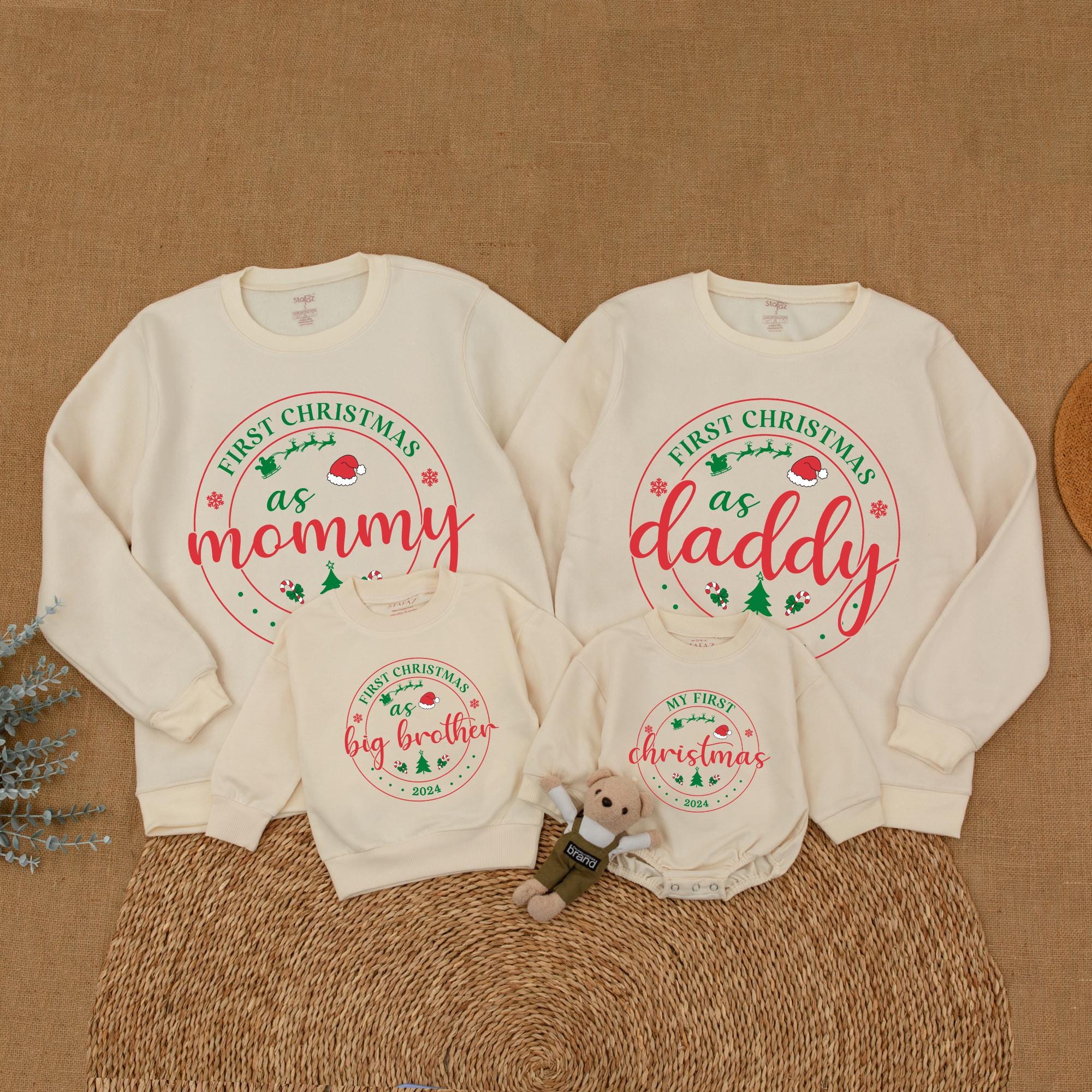 Personalized First Christmas Family Sweatshirt Festive Matching Outfit Holiday Joy Custom Names Mom Dad Infant Toddler Cotton