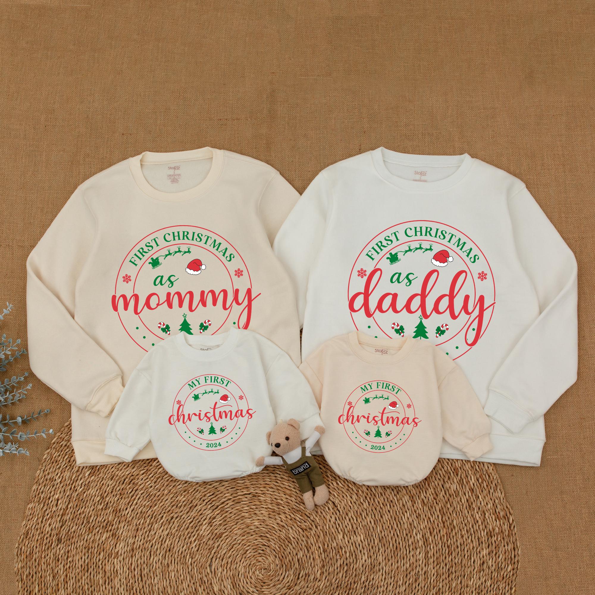 Personalized First Christmas Family Sweatshirt Festive Matching Outfit Holiday Joy Custom Names Mom Dad Infant Toddler Cotton