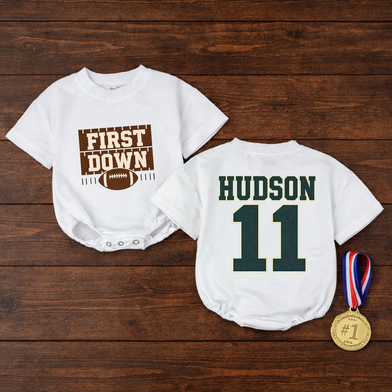 Personalized First Down Football Baby Romper with Custom Name and Number, Soft Cotton Outfit for Boys, Matching Family First Birthday Gift