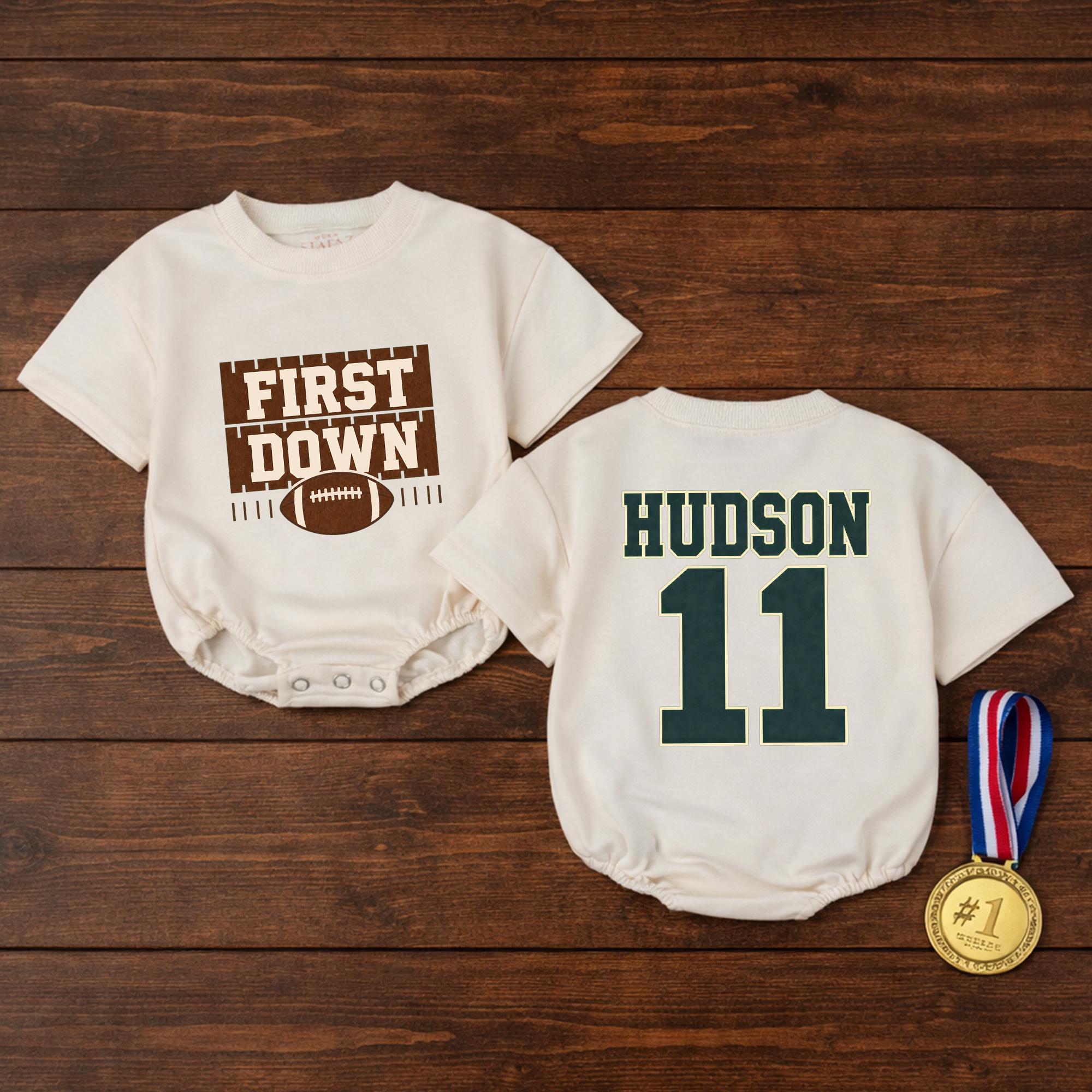 Personalized First Down Football Baby Romper with Custom Name and Number, Soft Cotton Outfit for Boys, Matching Family First Birthday Gift