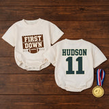 Personalized First Down Football Baby Romper with Custom Name and Number, Soft Cotton Outfit for Boys, Matching Family First Birthday Gift