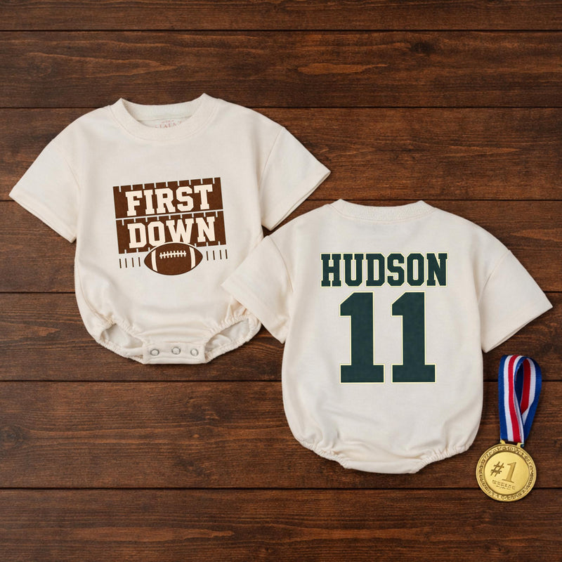 Personalized First Down Football Baby Romper with Custom Name and Number, Soft Cotton Outfit for Boys, Matching Family First Birthday Gift