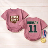 Personalized First Down Football Baby Romper with Custom Name and Number, Soft Cotton Outfit for Boys, Matching Family First Birthday Gift