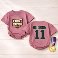 Personalized First Down Football Baby Romper with Custom Name and Number, Soft Cotton Outfit for Boys, Matching Family First Birthday Gift
