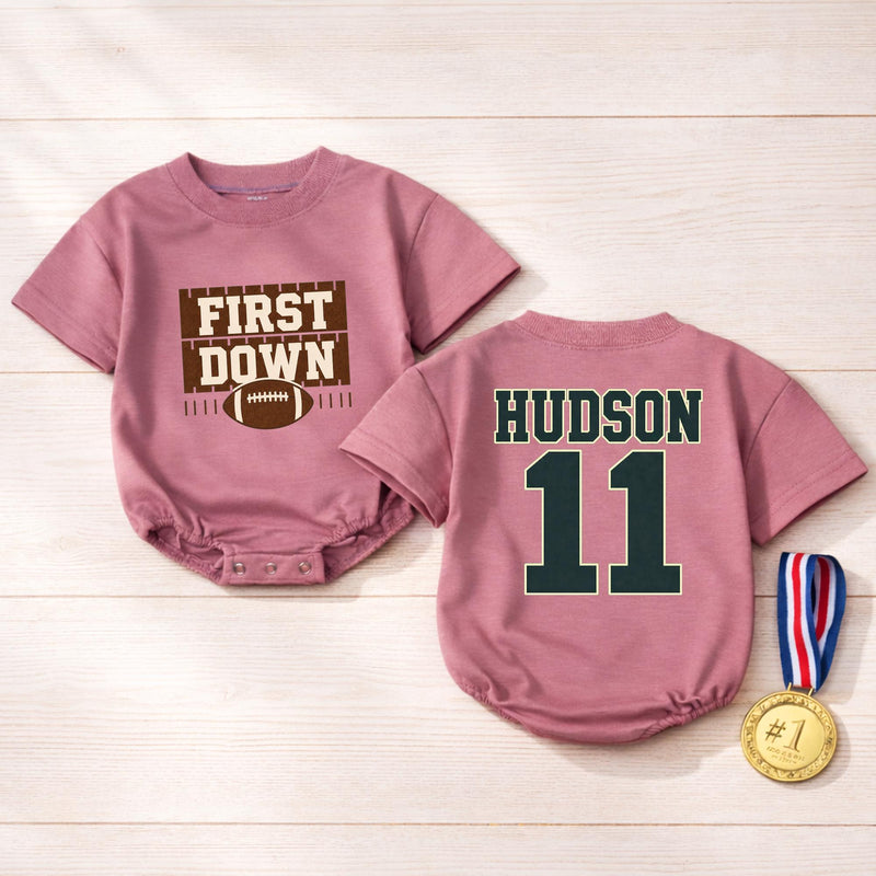 Personalized First Down Football Baby Romper with Custom Name and Number, Soft Cotton Outfit for Boys, Matching Family First Birthday Gift