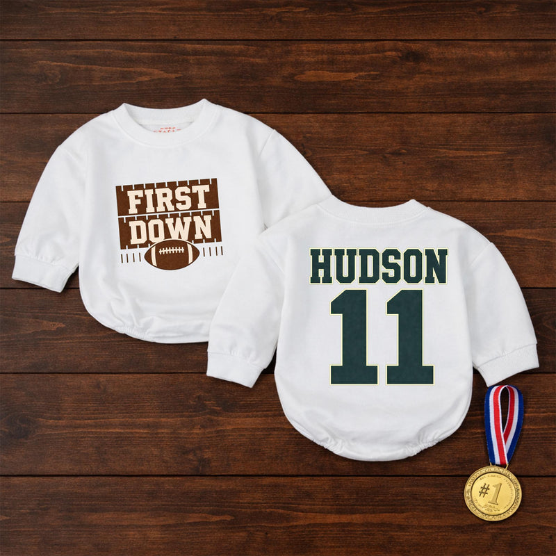 Personalized First Down Football Baby Romper with Custom Name and Number, Soft Cotton Outfit for Boys, Matching Family First Birthday Gift