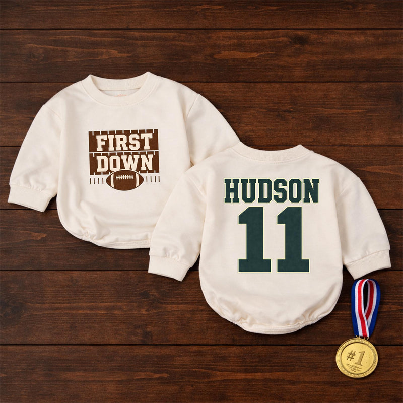 Personalized First Down Football Baby Romper with Custom Name and Number, Soft Cotton Outfit for Boys, Matching Family First Birthday Gift